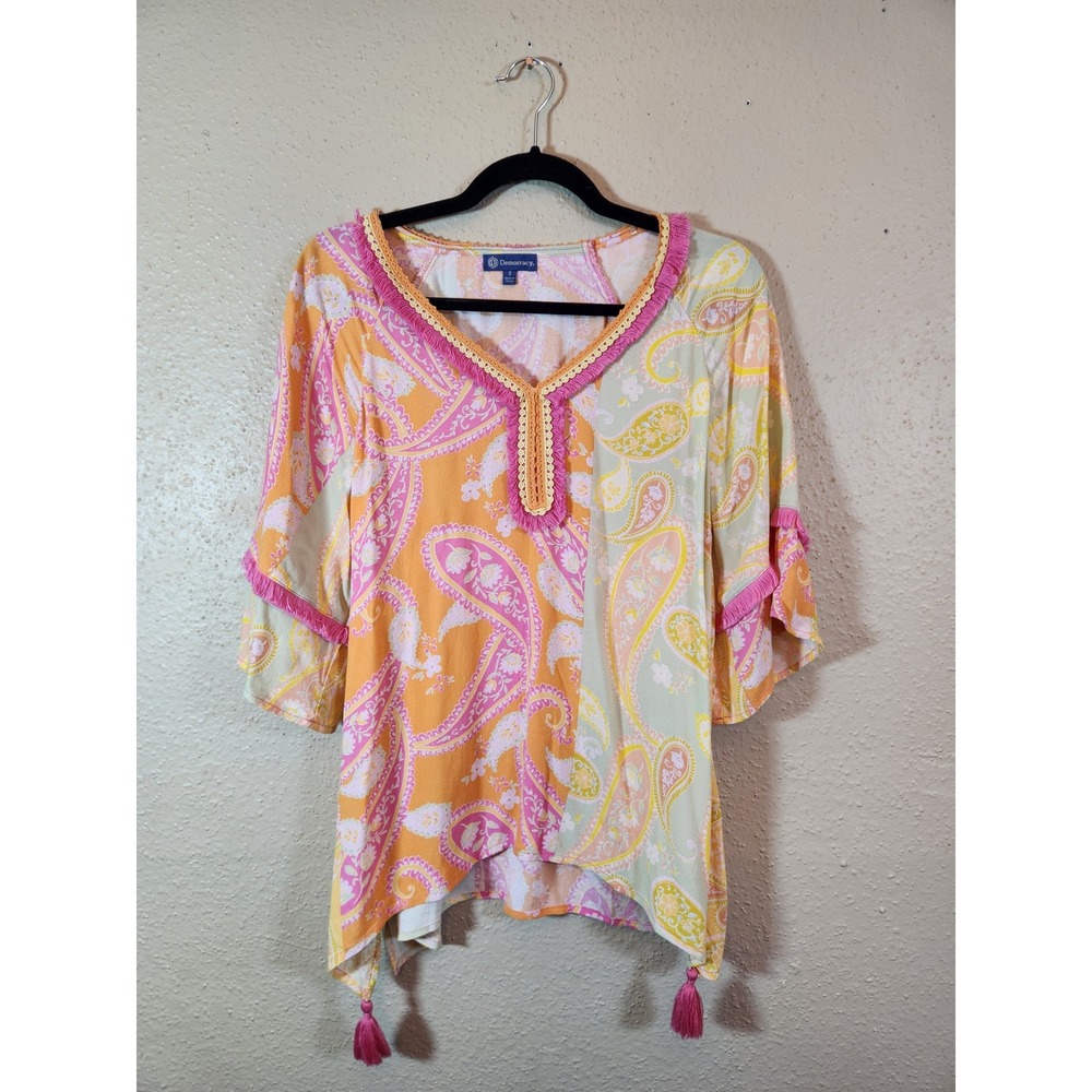 Democracy Womens S Orange Paisley Blouse Boho Fringe Tassel Sharkbite Top